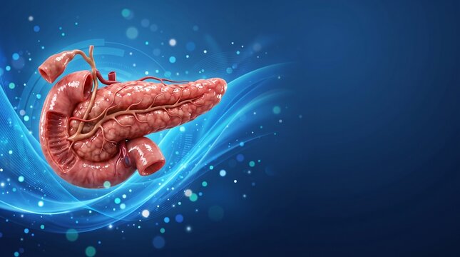 Realistic Human Pancreas Anatomical Illustration with Digestive System on Blue Background