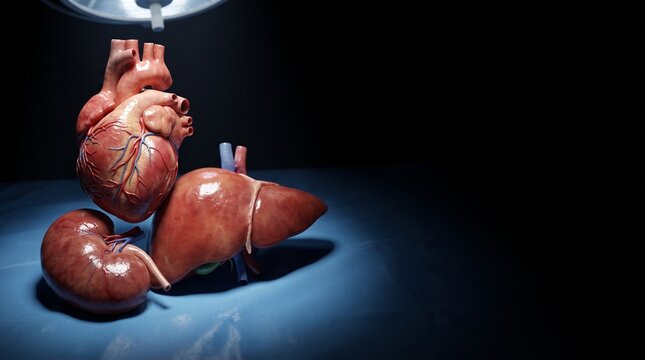 Human Heart Liver and Kidney Anatomical Organs Displayed for Medical Education on Surgical Table