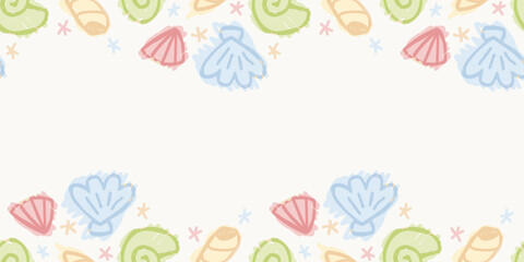 Horizontal seamless border background banner template with hand drawn colorful pastel sea shells and stars  © Little Joy Designs