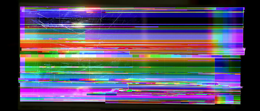 レインボーカラーの映像乱れを描いたサイバーグリッチ背景