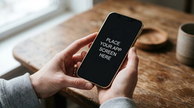 Realistic phone mockup showcase your app design on a modern smartphone in a cafe setting