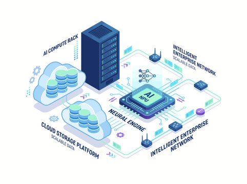AI infrastructure neural network processing data in cloud computing. Smart technology chipset analyzing big data with machine learning algorithms f...