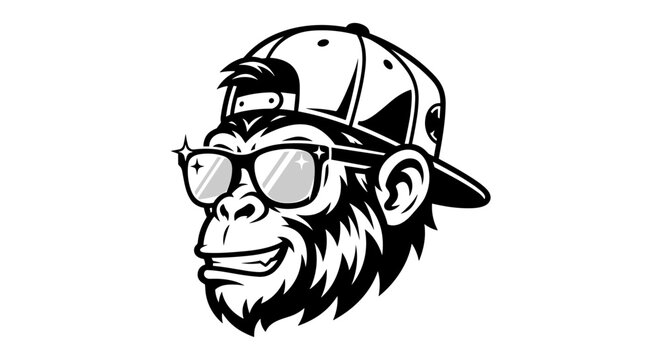 Cool Monkey Mascot Wearing Trendy Sunglasses and Baseball Cap Vector Illustration Logo in Black and White