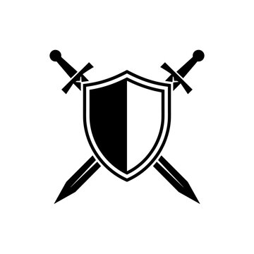 Medieval shield and crossed swords vector icon representing defense, protection, and battle for gaming or security logos