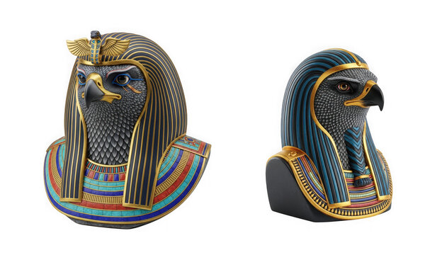 Two decorative egyptian horus falcon god statues isolated on transparent background