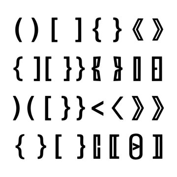Comprehensive collection of geometric punctuation marks including curly braces, square brackets, and parentheses in a grid layout for typography