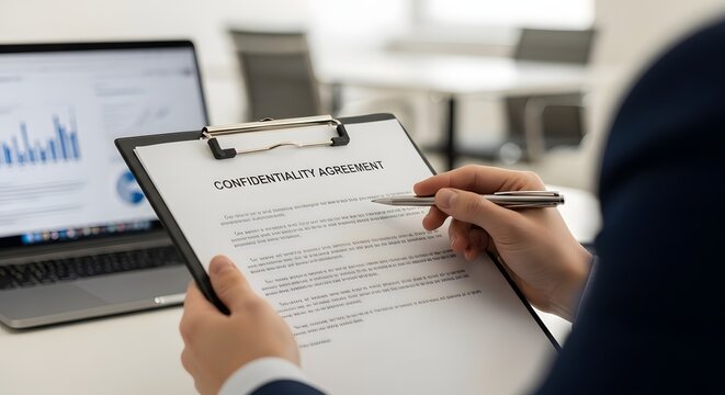 A person reviewing a confidentiality agreement on a clipboard in an office setting for the concept of business and legal matters.