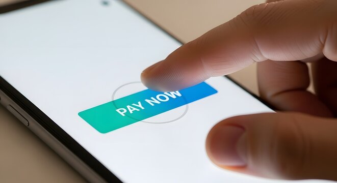 A finger presses the Pay Now button on a smartphone for the concept of online payment and e-commerce.