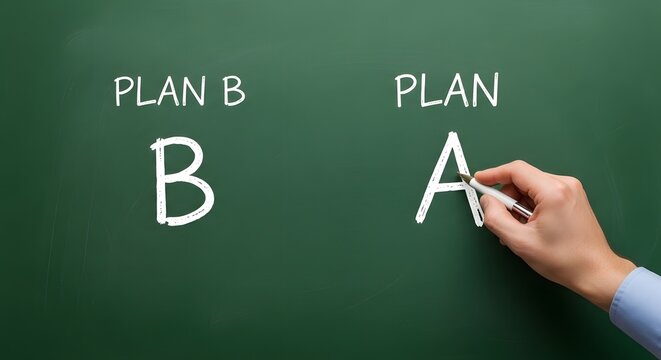 A hand writing Plan A and Plan B on a chalkboard for the concept of decision making and strategy.