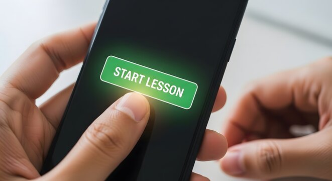 Close-up of a hand holding a smartphone and pressing a Start Lesson button, symbolizing online learning and digital education.