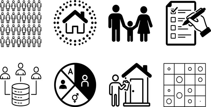 Population Census and Household Survey Icon Set with Demographics, Family, Questionnaire, Database, Housing, Statistics, and Data Collection Symbols