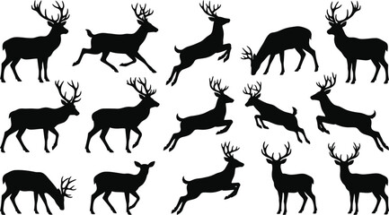 Deer silhouettes, black deer icons, reindeer graphics, 15 deer shapes © Rifat