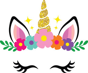 Cute unicorn face vector illustration with gold glitter horn ears magic stars closed eyelashes and a colorful flower crown  © Yesrath Hasan Sobuj