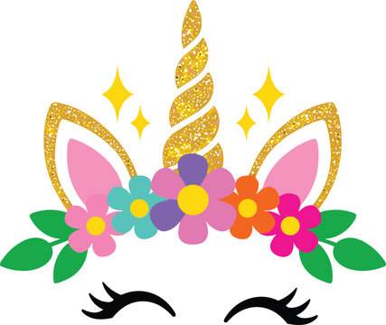 Cute unicorn face vector illustration with gold glitter horn ears magic stars closed eyelashes and a colorful flower crown