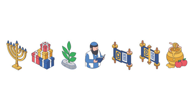 Jewish holiday celebration icons featuring menorah, gift boxes, Torah scrolls, rabbi, and honey with red apples.