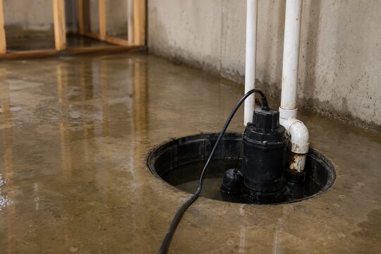 Sump pump system in flooded basement preventing water damage