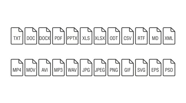 Set of file format icons, document types and media extensions