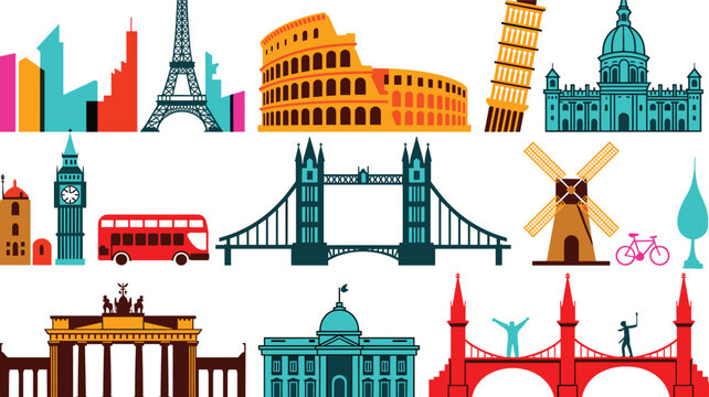 Famous European landmarks vector icon set featuring Eiffel Tower Colosseum Tower Bridge Big Ben and historical travel monuments for tourism