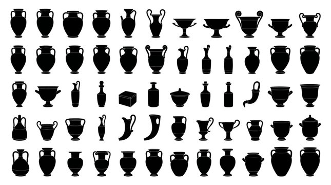 Set of silhouettes of ancient greek pottery, vases, amphorae and vessels