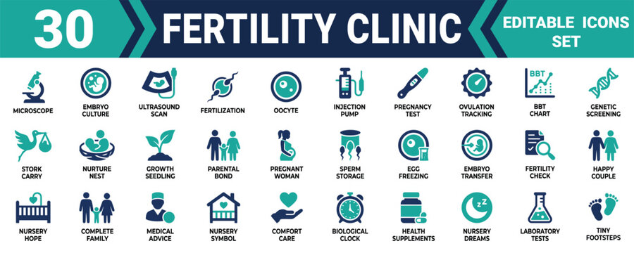 Set of 30 icons for fertility clinic and reproductive health medical services in blue and green colors Minimal solid fill icon set bundle collection. Editable Vector Illustration Mega pack