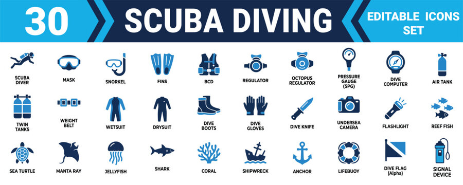 Collection of thirty essential scuba diving equipment icons and ocean marine life symbols for water sport Minimal solid fill icon set bundle collection. Editable Vector Illustration Mega pack