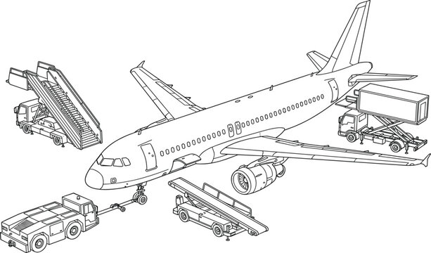 Commercial airplane ground service operations with passenger stairs, cargo loader, and aircraft pushback tractor line art