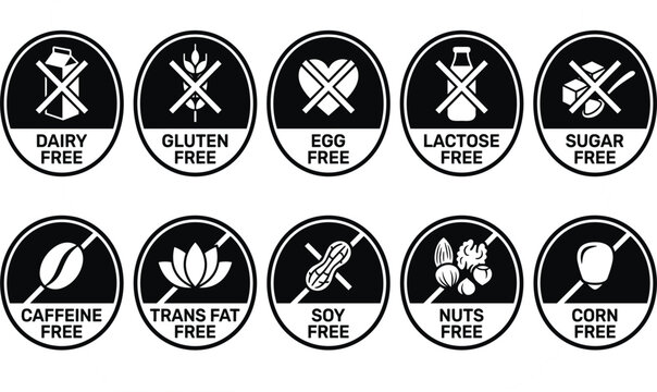 Food allergen and dietary restriction stamp vector icon set with gluten dairy egg sugar soy and nut free labels