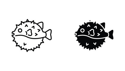 Pufferfish vector icon isolated on white Black and white outline line art and solid glyph silhouette © VisionGrafix
