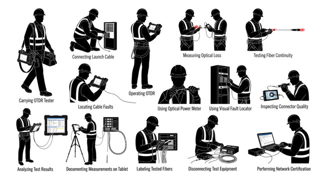 Fiber Optic Testing Technicians Silhouette Set OTDR Network Certification Vector Collection