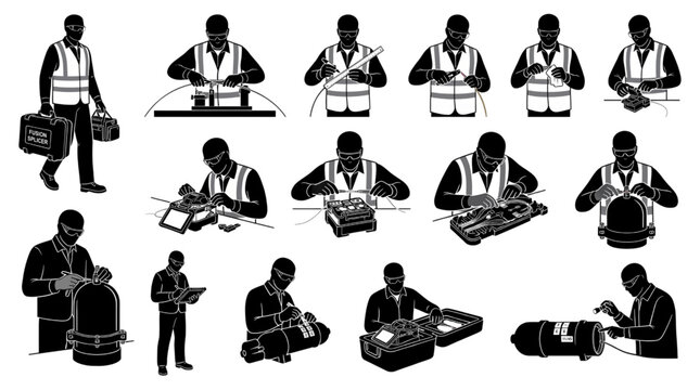 Fiber Optic Fusion Splicing Technicians Silhouette Set Telecom Installation Vector Collection