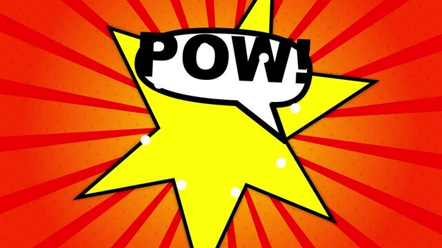 Pop art comic book explosion with POW text in a speech bubble on a red and orange sunburst background with halftone dot texture and yellow starburst element for action.