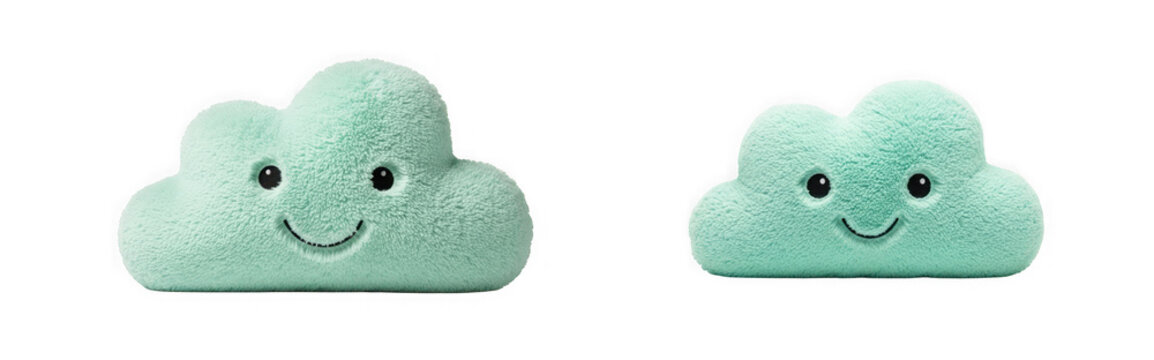 Two cute plush mint green cloud toys with smiling faces isolated on transparent background
