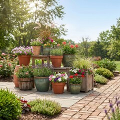 Fototapeta premium Blooming flower pots arranged beneath a garden pergola on a sunny patio. Colorful landscaping, home gardening, outdoor beauty, spring inspiration, peaceful living.