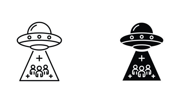 UFO abduction vector icon isolated on white Black and white outline line art and solid glyph silhouette