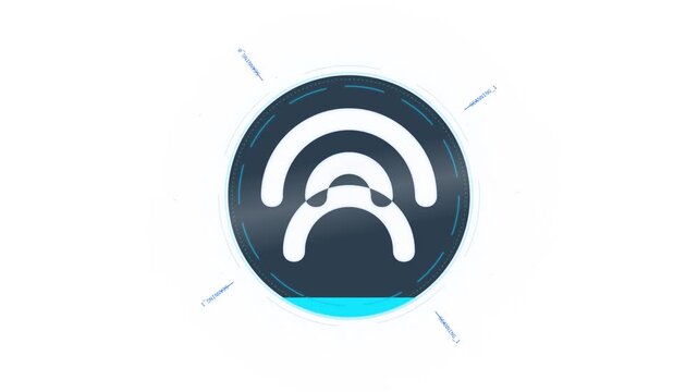 Futuristic digital scanning interface element with circular icon and text label on a clean white and dark blue background graphic for technology and data processing concepts.