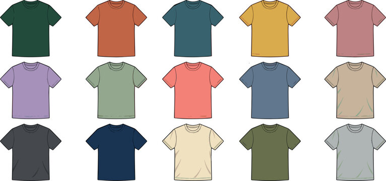 Blank t-shirt vector mockup template set in various pastel and earthy colors for apparel design presentation or fashion clothing manufacturing tech pack sketches