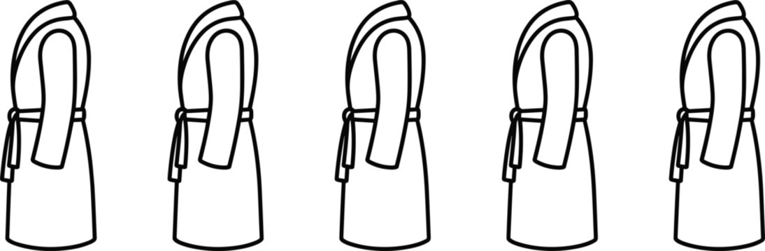 Minimalist black outline bathrobe vector icon set featuring side view spa robes isolated on a white background