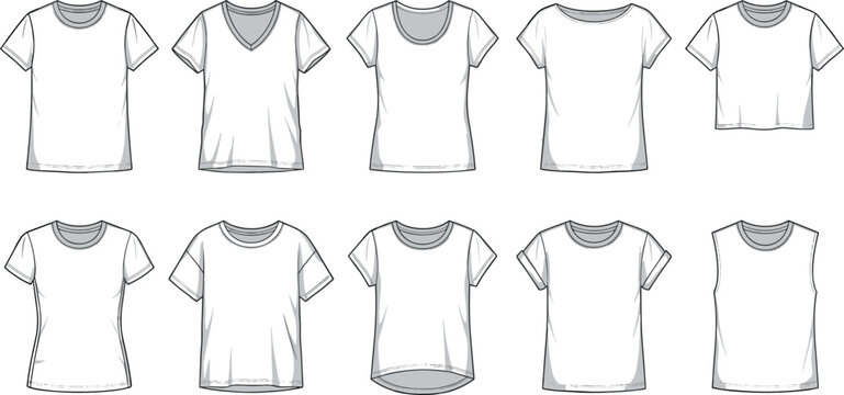 Women white t-shirt vector mockup template collection featuring different necklines cropped tops and sleeveless tank designs for custom apparel screen printing tech pack sketches