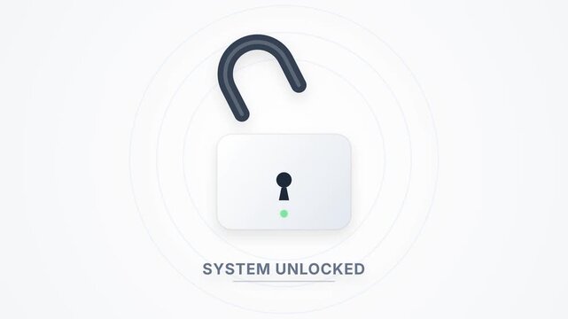 Minimalist graphic illustration of an open white padlock featuring a small green indicator light and the text SYSTEM UNLOCKED on a clean white background with subtle concentric rings.