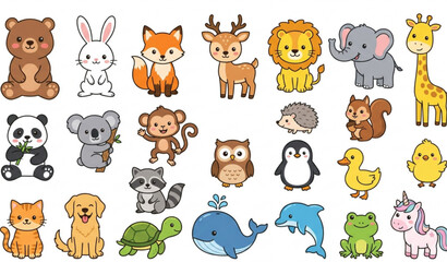 Obraz premium Cute hand-drawn cartoon animal collection flat vector illustration isolated on white background