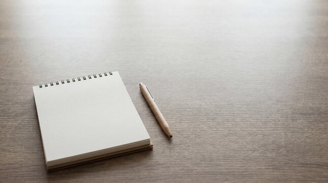 Blank spiral notebook with wooden pen on textured desk for planning journaling study workspace ideas organization education notes copy space concepts simple office background home lifestyle
