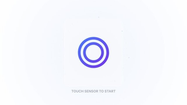 Minimalist digital user interface featuring a blue and purple gradient circular touch sensor icon on a white background with Touch Sensor To Start text and subtle geometric orbital ripples.