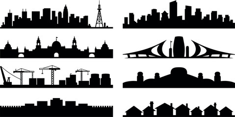 Fototapeta premium City Skyline Silhouette Icon Set with Modern Skyscraper Buildings Urban Architecture Construction Cranes Suburb Houses and Historical Landmark Vector Graphics