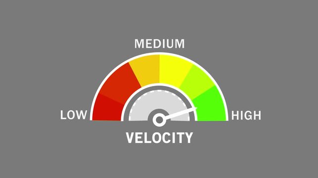 Dynamic velocity gauge meter animation showing variable speed levels from low to with a moving needle indicator for performance tracking, data visualization, industrial monitoring, and analytics