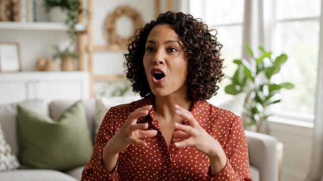 Woman with curly hair speaking and gesturing during a video call at home