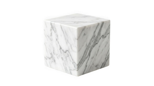 White marble cube isolated on transparent background geometric stone block with pattern.