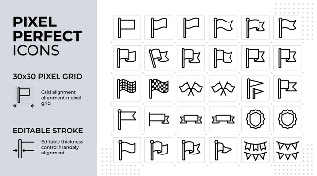 Set of pixel perfect outline flag icons on 32x32 grid for UI design and mobile app interface