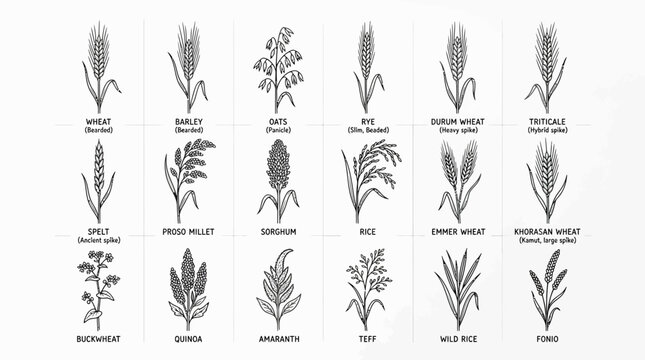 Botanical illustration chart of cereal grains and grasses with labeled species names in vintage engraved style on white background