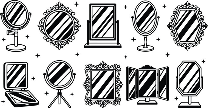 Vintage and modern mirror vector icon set featuring ornate baroque frames vanity makeup mirrors and classic tabletop dressing reflective surfaces
