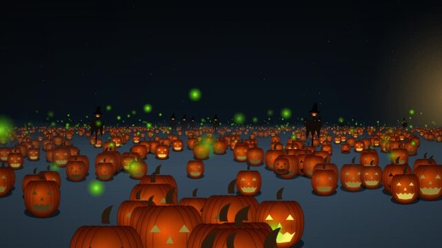 3D Halloween Glowing Pumpkin Patch and Scarecrows Night Background Loop